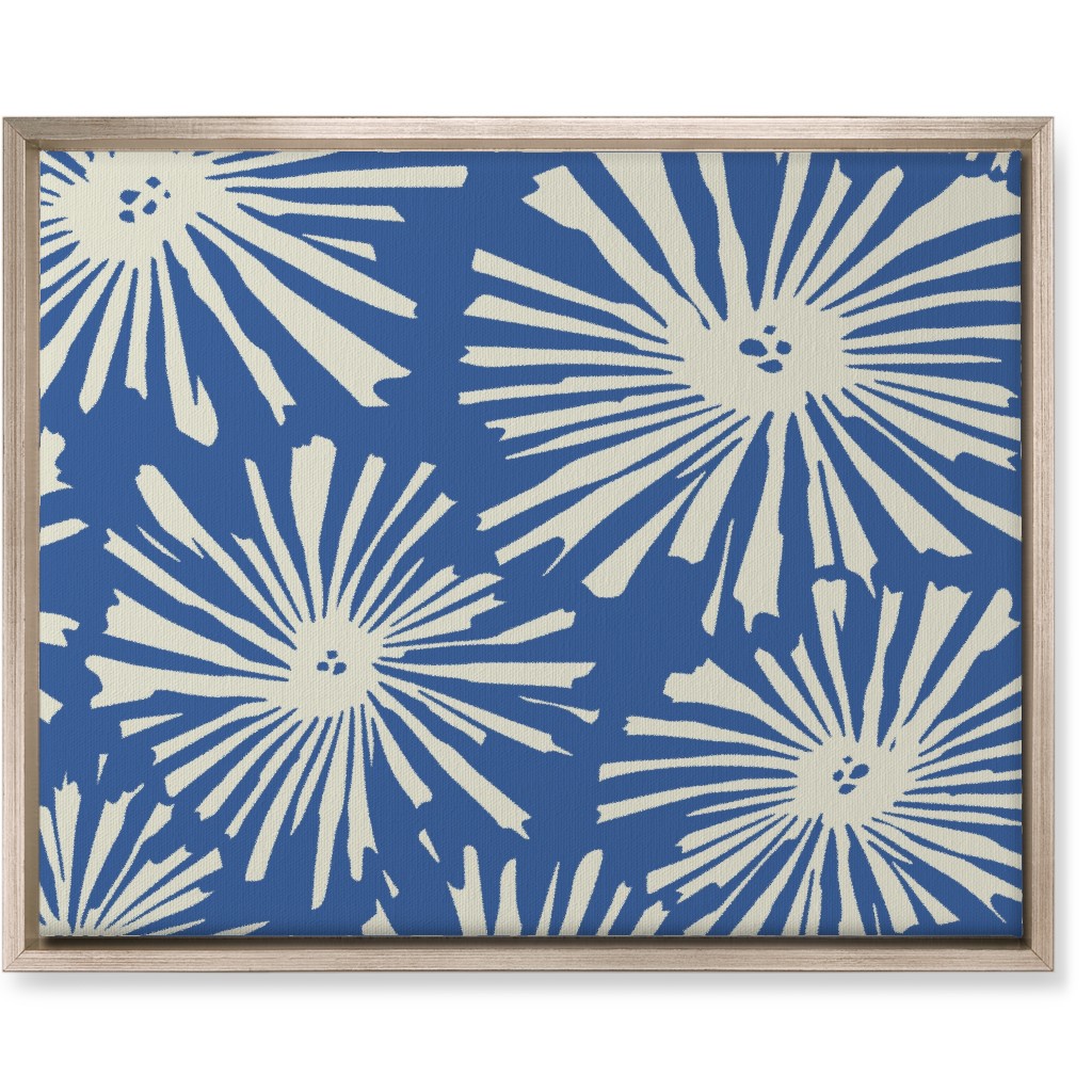 Cactus Blooms - Cream on Blue Wall Art, Metallic, Single piece, Canvas, 16x20, Blue, True Blue