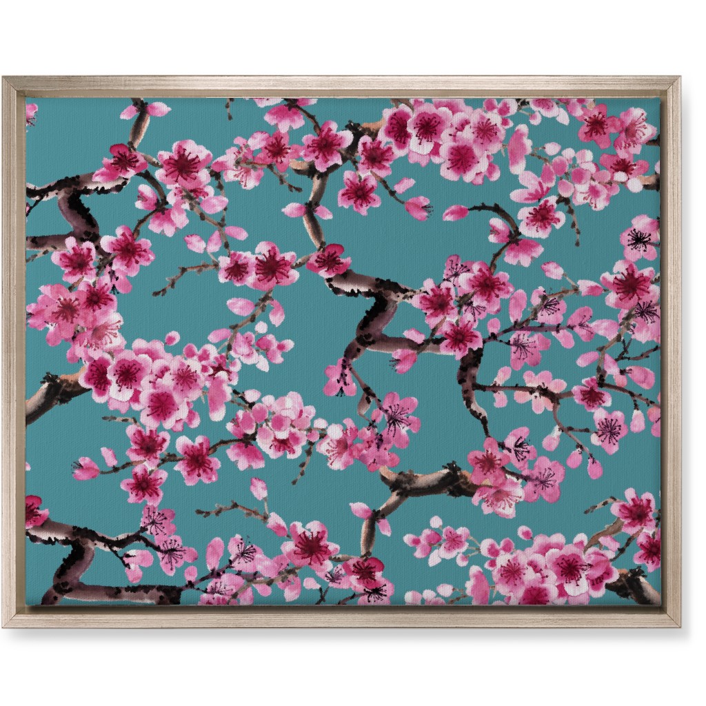 Sakura - Pink on Turquoise Wall Art, Metallic, Single piece, Canvas, 16x20, Blue