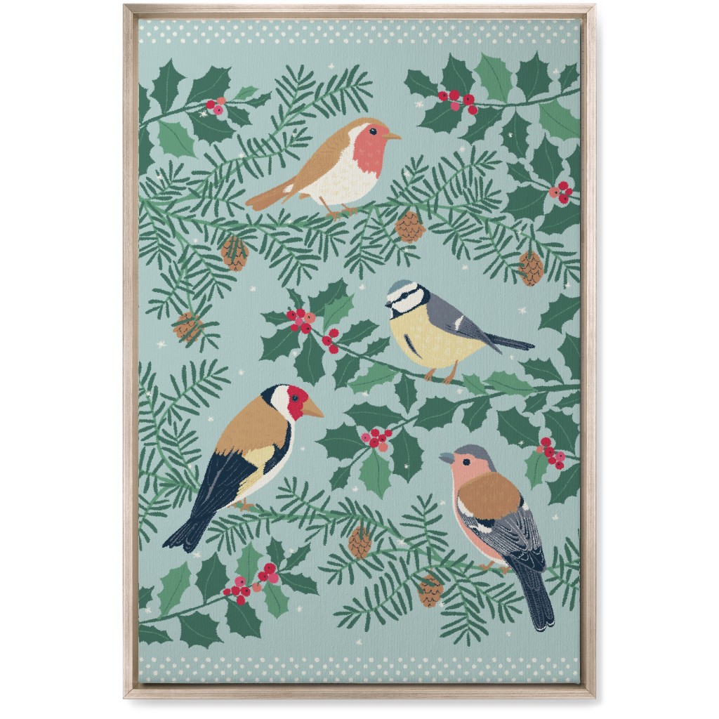 Robin & Friends, Winter Garden Birds - Blue Wall Art, Metallic, Single piece, Canvas, 20x30, Blue