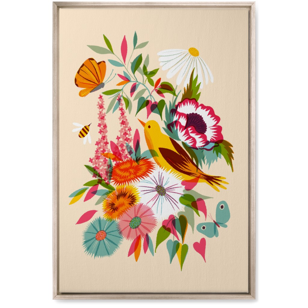 Florals With Pirol and Butterfly - Multi Wall Art, Metallic, Single piece, Canvas, 20x30, Multicolor