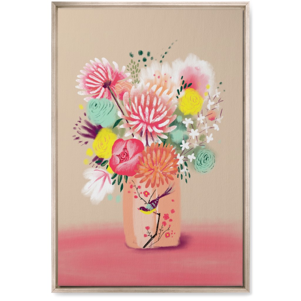 Bouquet in a Bird Vase Wall Art, Metallic, Single piece, Canvas, 20x30, Pink