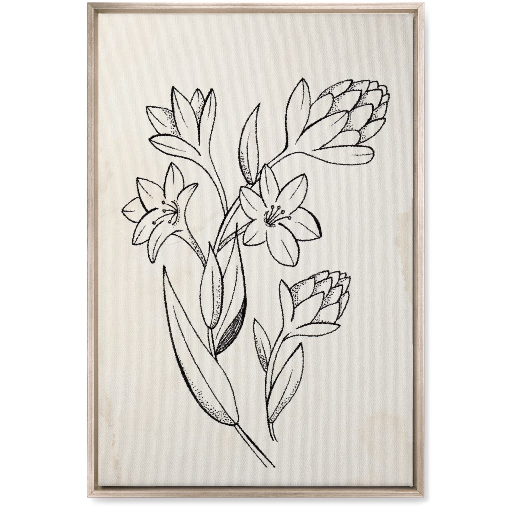 Vintage Tuberose Sketch - Beige and Black Wall Art, Metallic, Single piece, Canvas, 20x30, Beige, Pearl