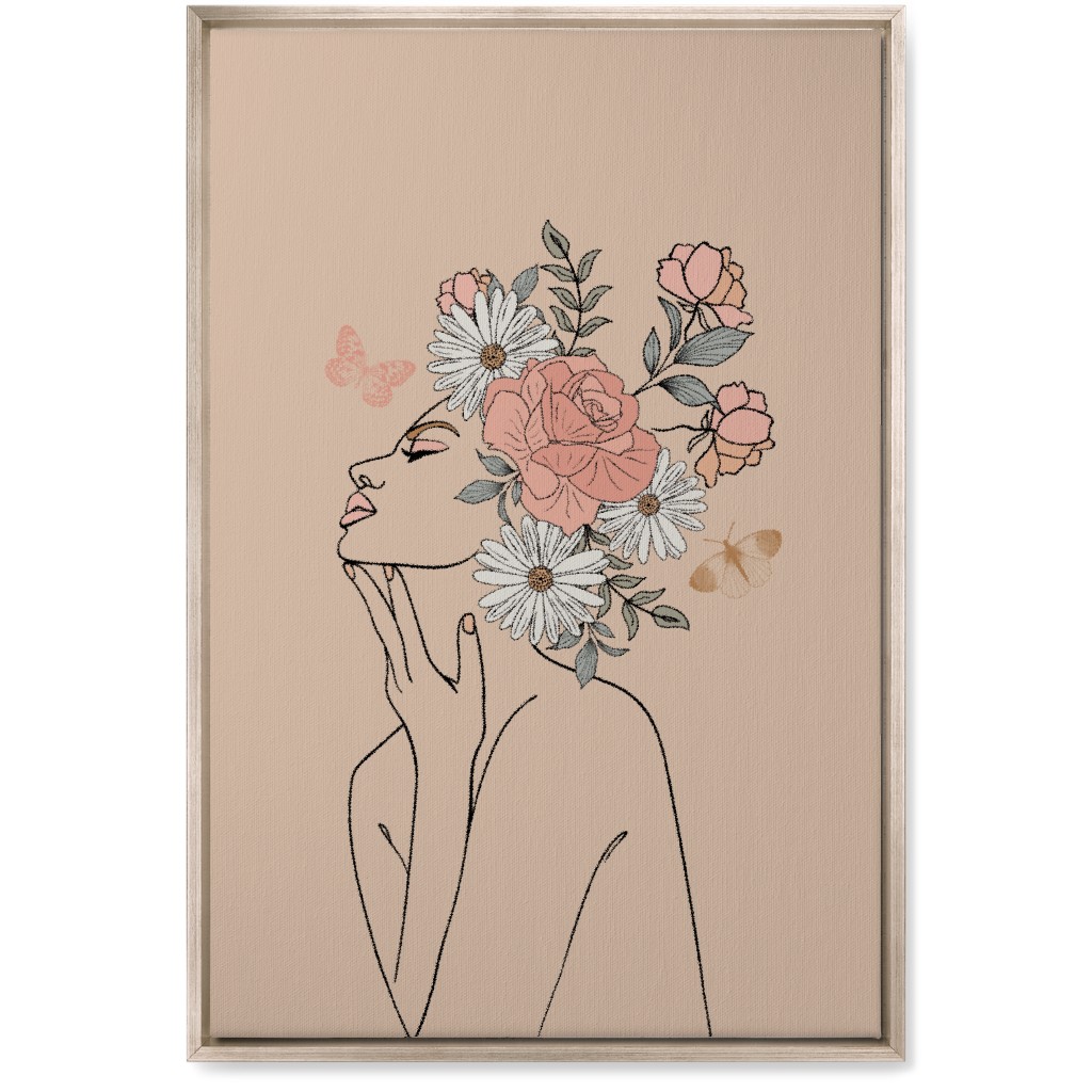 Feminine Line Art Botanical Sketch - Neutral Wall Art, Metallic, Single piece, Canvas, 20x30, Beige, Pearl
