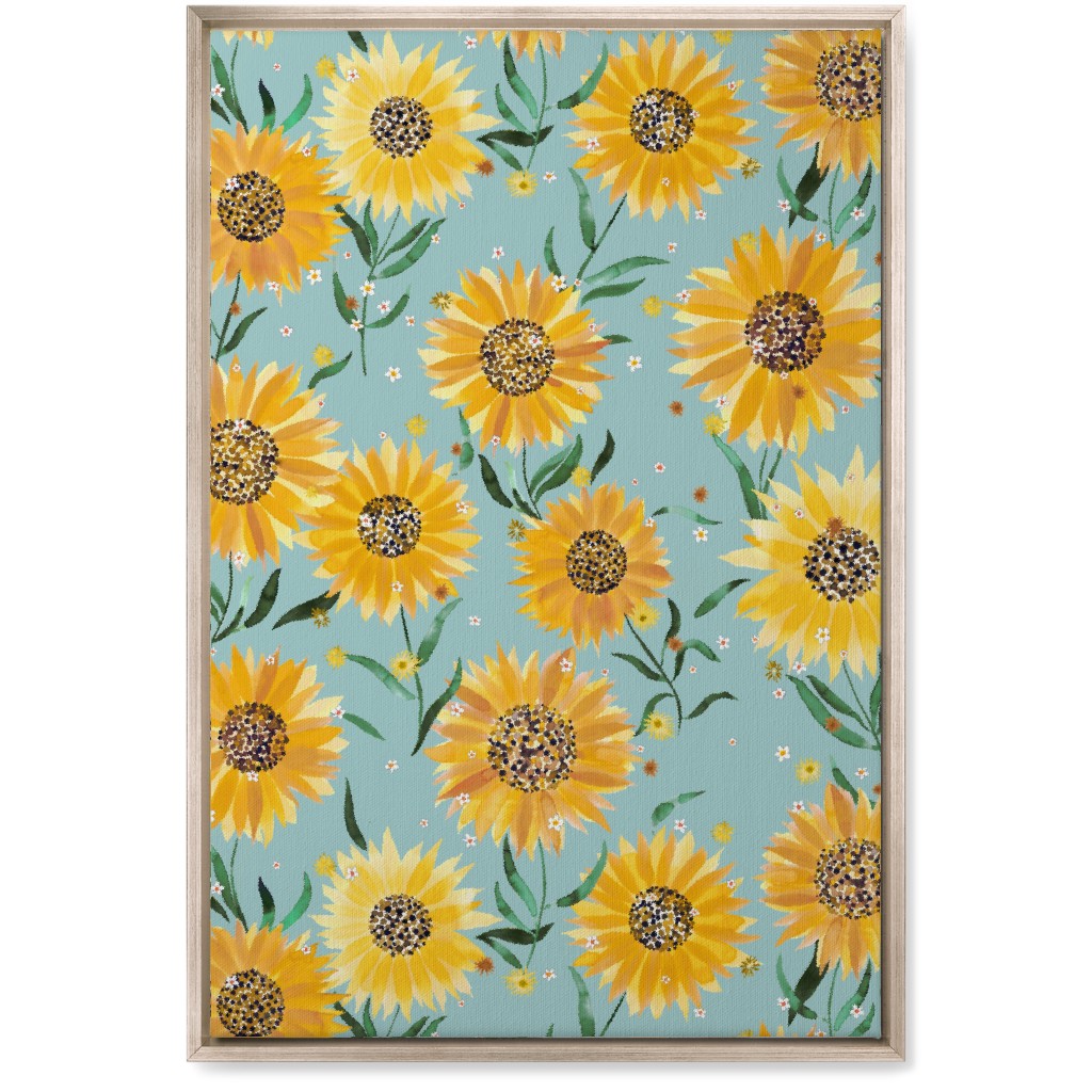Happy Sunflowers - Yellow on Green Wall Art, Metallic, Single piece, Canvas, 20x30, Yellow