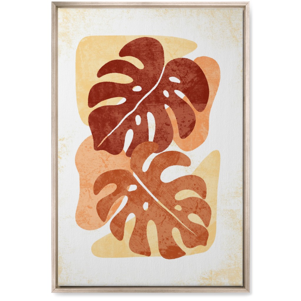Botanical Monstera Leaves - Earthy Warm Tones Wall Art, Metallic, Single piece, Canvas, 20x30, Orange, Orange