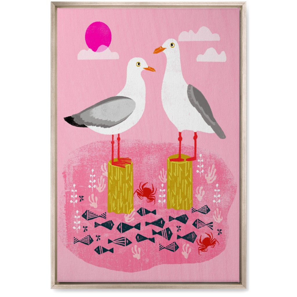 Perched Seagulls - Pink Wall Art, Metallic, Single piece, Canvas, 20x30, Pink
