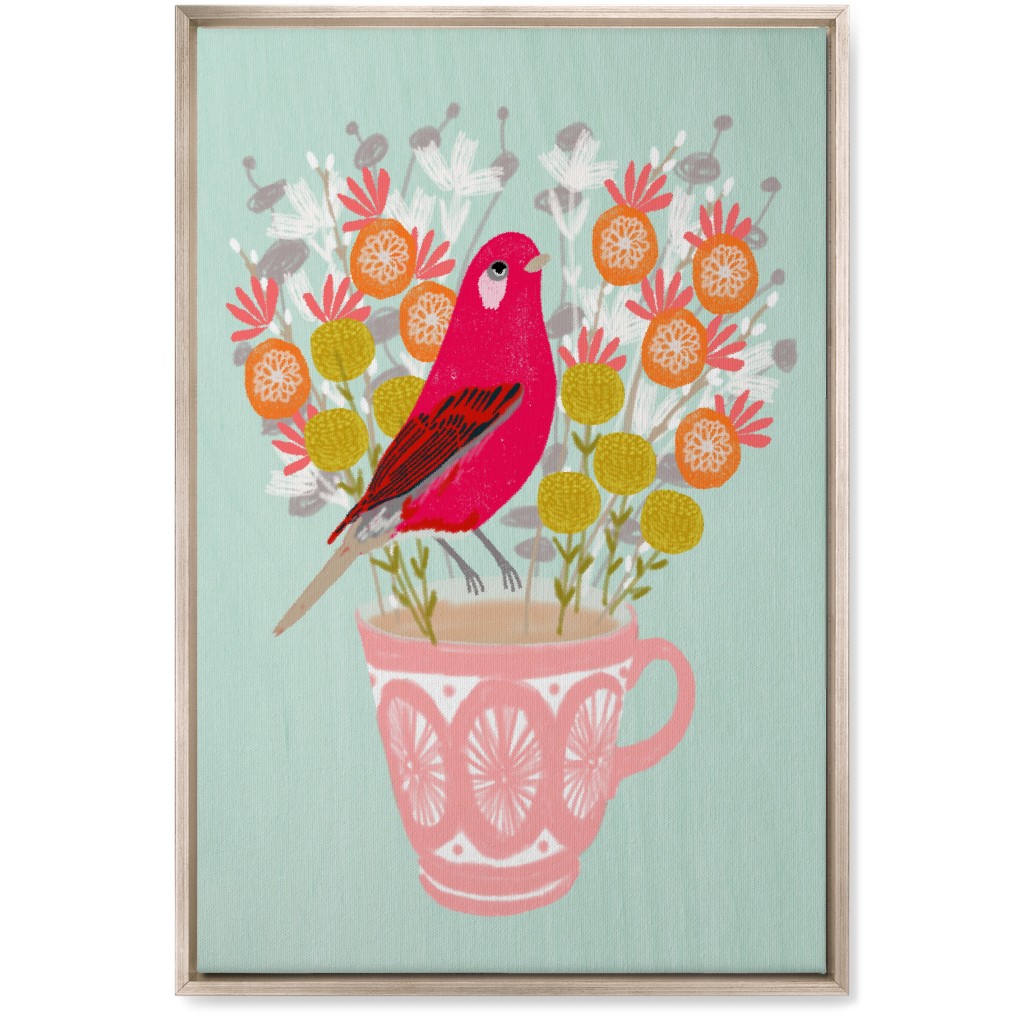 Red Bird on Teacup Bouquet Wall Art, Metallic, Single piece, Canvas, 20x30, Multicolor