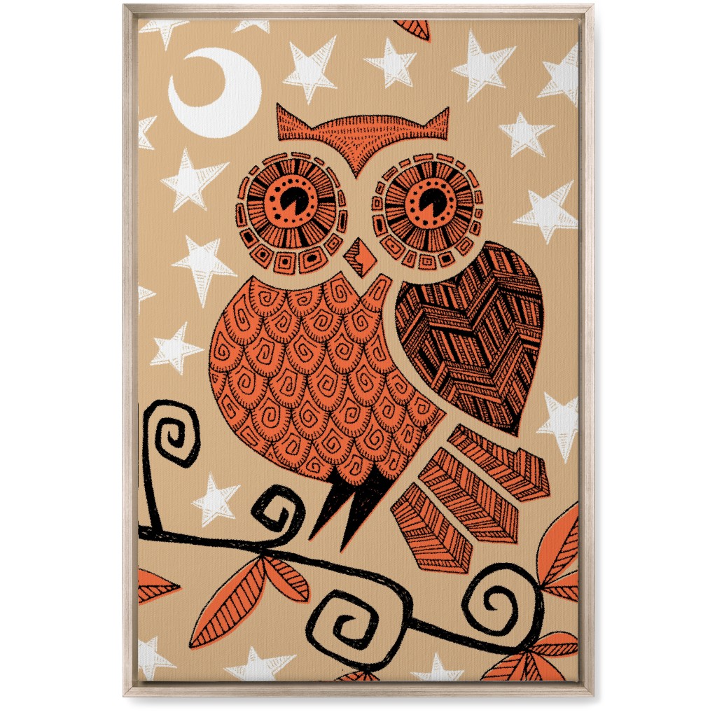 Owl Under the Moon - Orange & Brown Wall Art, Metallic, Single piece, Canvas, 20x30, Orange, Orange