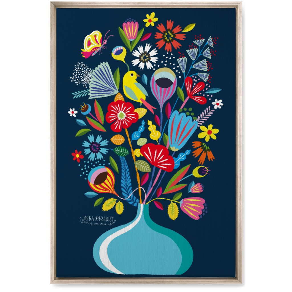Folk Art Bouquet - Multi on Navy Wall Art, Metallic, Single piece, Canvas, 20x30, Multicolor