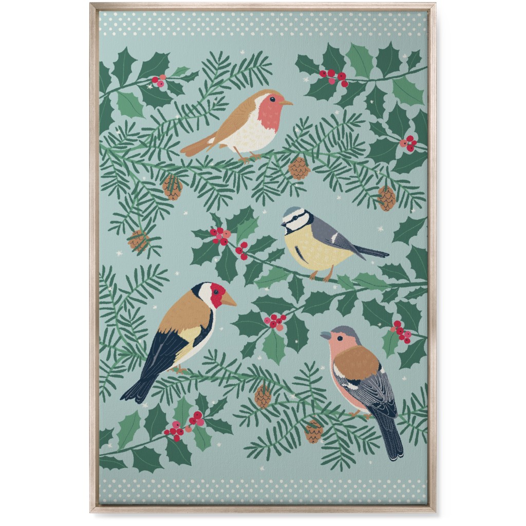 Robin & Friends, Winter Garden Birds - Blue Wall Art, Metallic, Single piece, Canvas, 24x36, Blue, True Blue