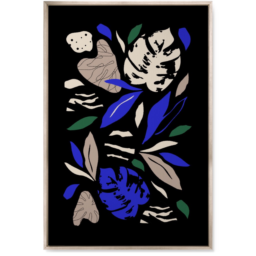 Abstract Leaves - Blue & Tan on Navy Wall Art, Metallic, Single piece, Canvas, 24x36, Blue, True Blue