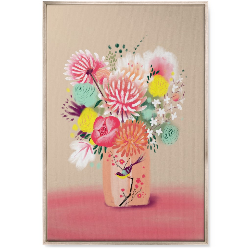 Bouquet in a Bird Vase Wall Art, Metallic, Single piece, Canvas, 24x36, Pink, Bright Pink