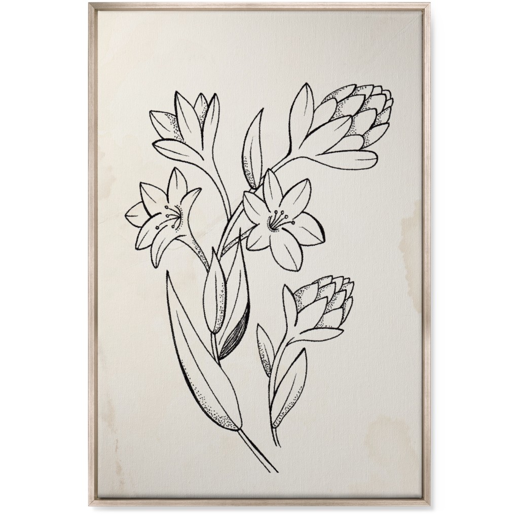 Vintage Tuberose Sketch - Beige and Black Wall Art, Metallic, Single piece, Canvas, 24x36, Beige, Pearl