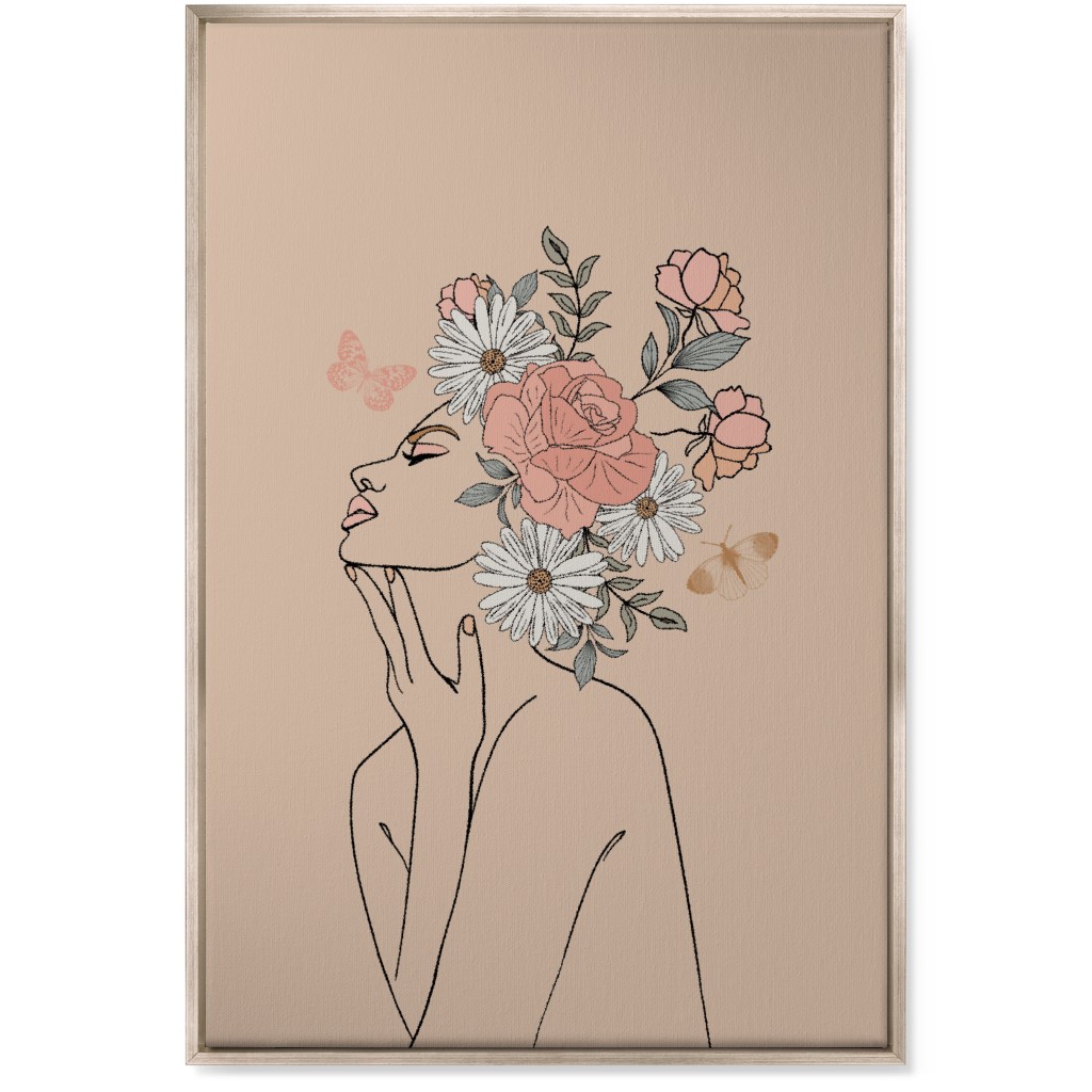 Feminine Line Art Botanical Sketch - Neutral Wall Art, Metallic, Single piece, Canvas, 24x36, Beige, Pearl