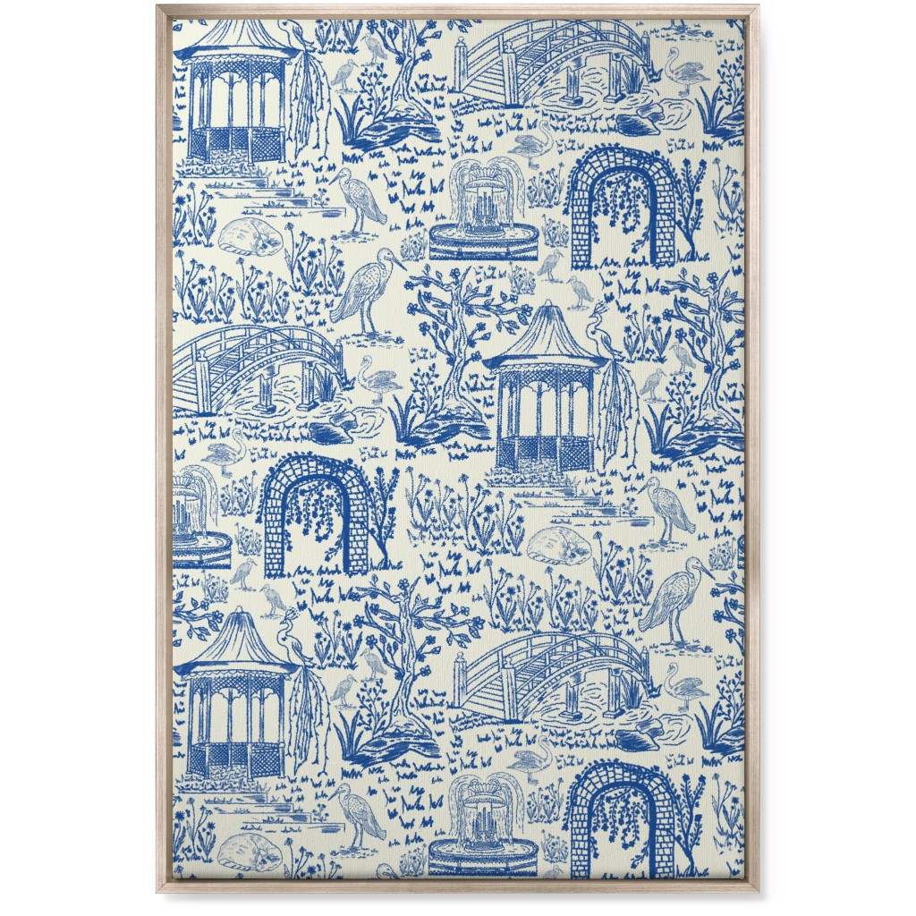 Garden Walk Toile De Jouy - Blue Wall Art, Metallic, Single piece, Canvas, 24x36, Blue, True Blue