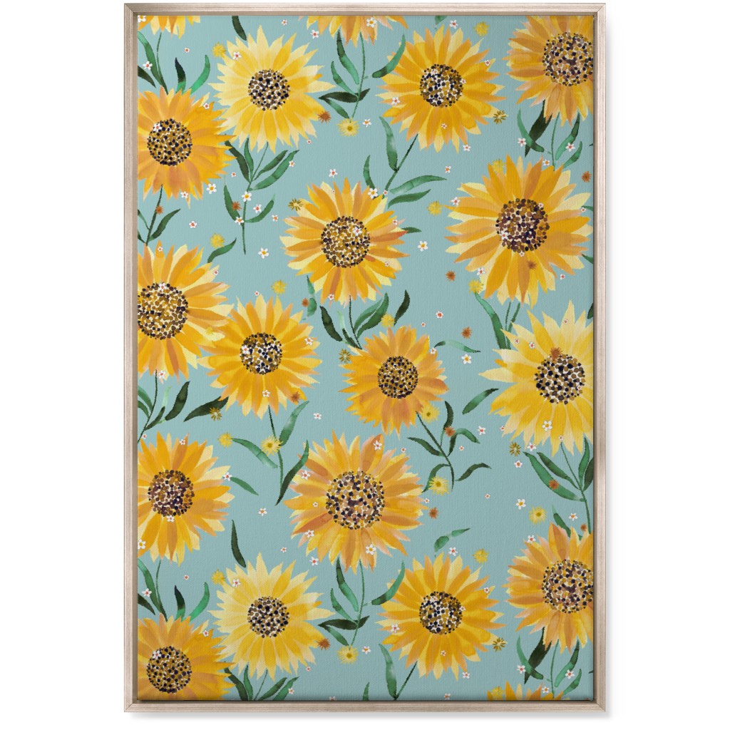 Happy Sunflowers - Yellow on Green Wall Art, Metallic, Single piece, Canvas, 24x36, Yellow