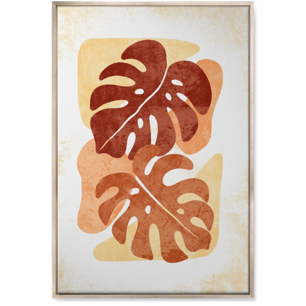 Botanical Monstera Leaves - Earthy Warm Tones Wall Art, Metallic, Single piece, Canvas, 24x36, Orange, Orange