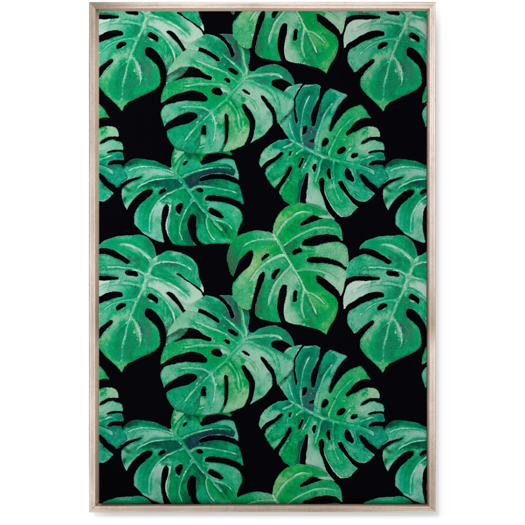Watercolor Monstera Leaves Wall Art, Metallic, Single piece, Canvas, 24x36, Green