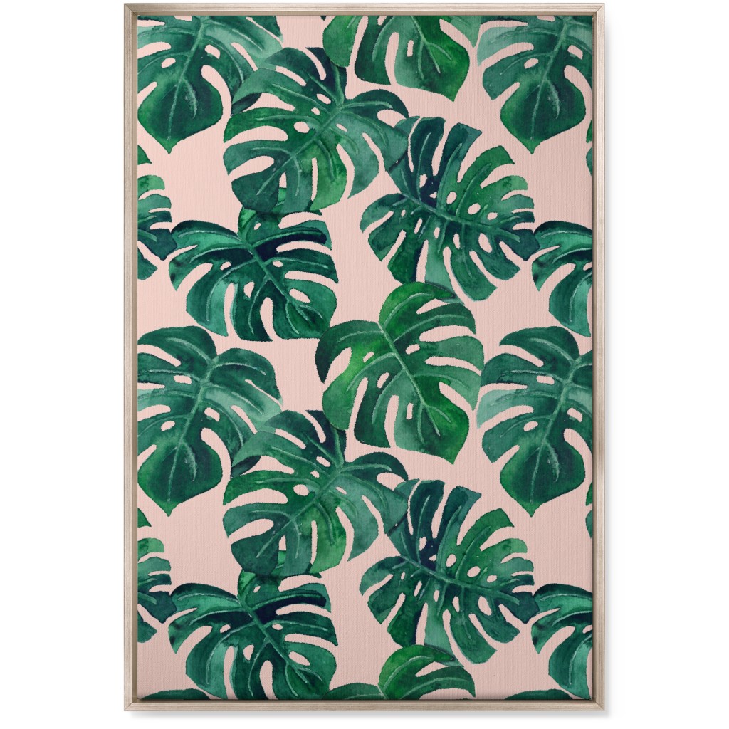 Watercolor Monstera Leaves Wall Art, Metallic, Single piece, Canvas, 24x36, Green