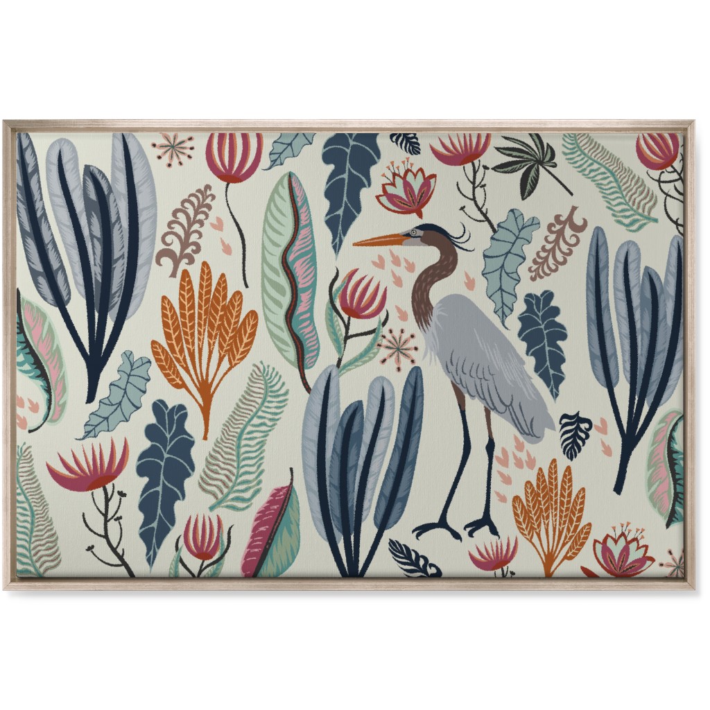 Heron and Plants - Multi on Cream Wall Art, Metallic, Single piece, Canvas, 24x36, Multicolor