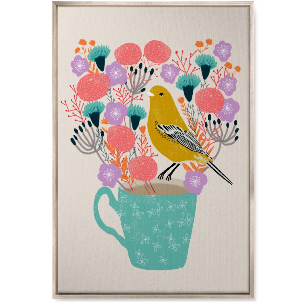 Yellow Bird on Teacup Bouquet Wall Art, Metallic, Single piece, Canvas, 24x36, Multicolor
