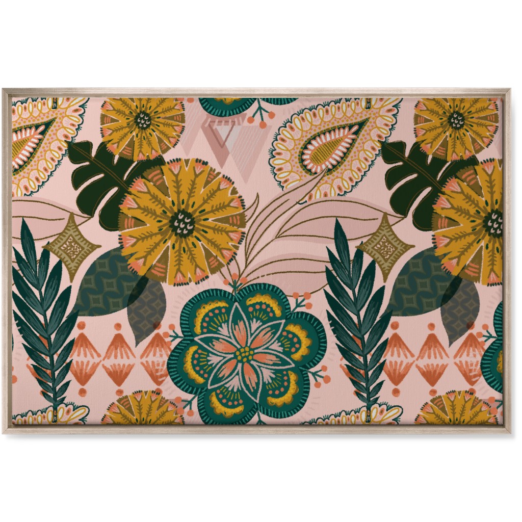 Boho Tropical - Floral - Pink Wall Art, Metallic, Single piece, Canvas, 24x36, Multicolor