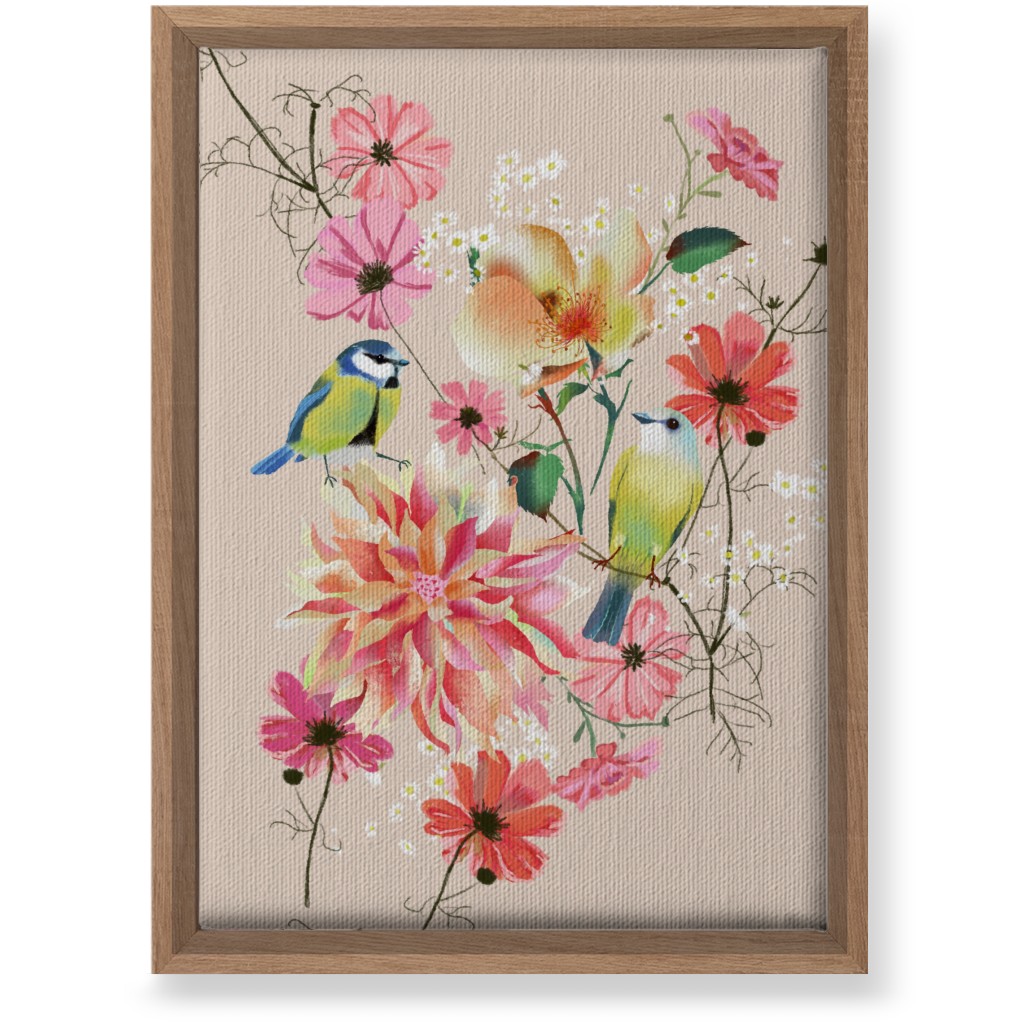 Birds With Dahlias and Cosmea Wall Art, Natural, Single piece, Canvas, 10x14, Pink