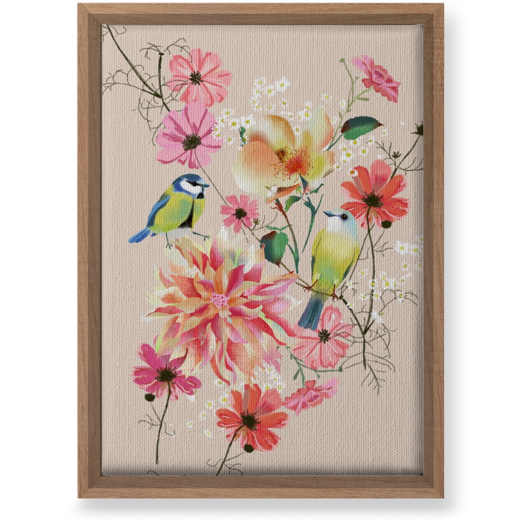 Birds With Dahlias and Cosmea Wall Art, Natural, Single piece, Canvas, 10x14, Pink, Bright Pink