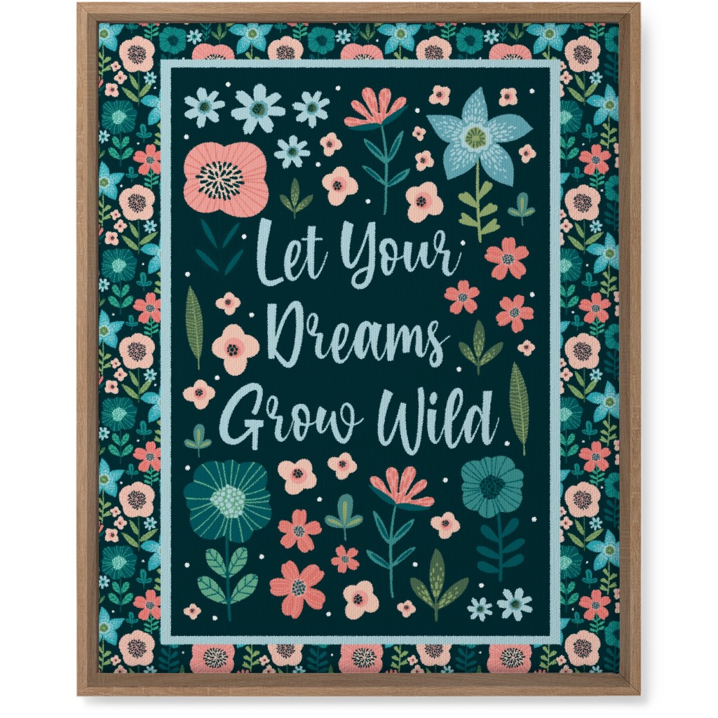 Let Your Dreams Grow Wild - Florals in Coral, Aqua & Turquoise on Navy Wall Art, Natural, Single piece, Canvas, 16x20, Blue
