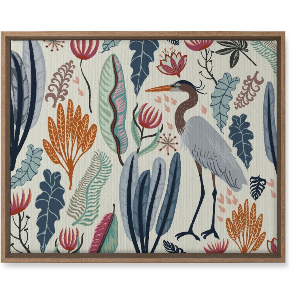 Heron and Plants - Multi on Cream Wall Art, Natural, Single piece, Canvas, 16x20, Multicolor