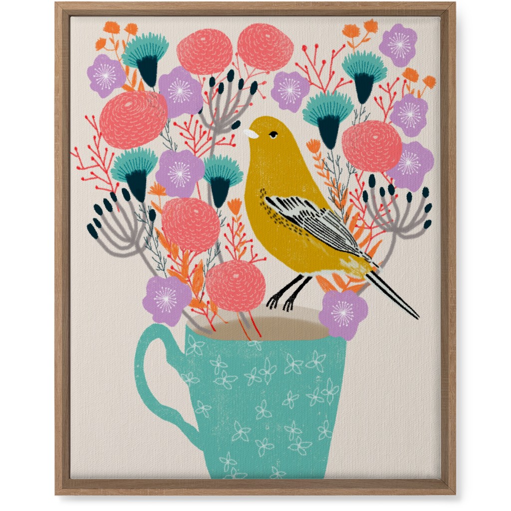 Yellow Bird on Teacup Bouquet Wall Art, Natural, Single piece, Canvas, 16x20, Multicolor