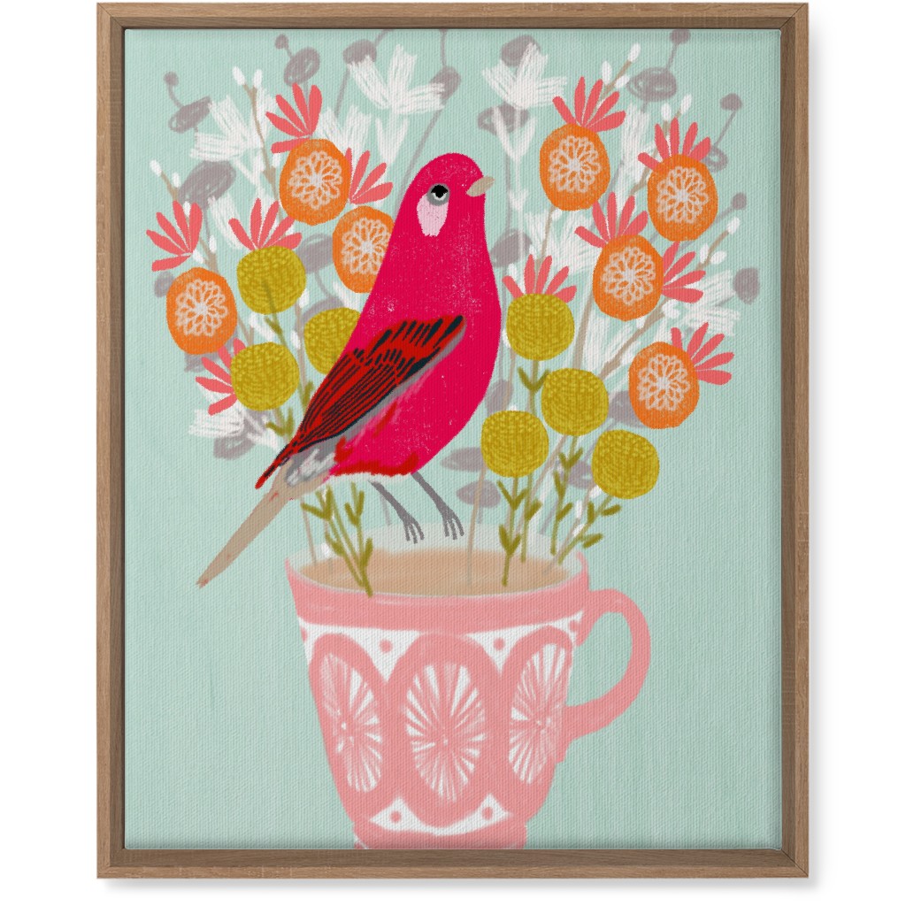 Red Bird on Teacup Bouquet Wall Art, Natural, Single piece, Canvas, 16x20, Multicolor