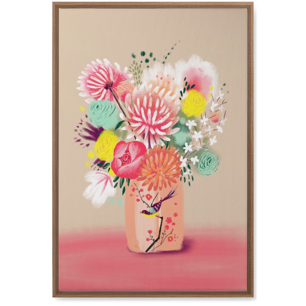 Bouquet in a Bird Vase Wall Art, Natural, Single piece, Canvas, 20x30, Pink, Bright Pink