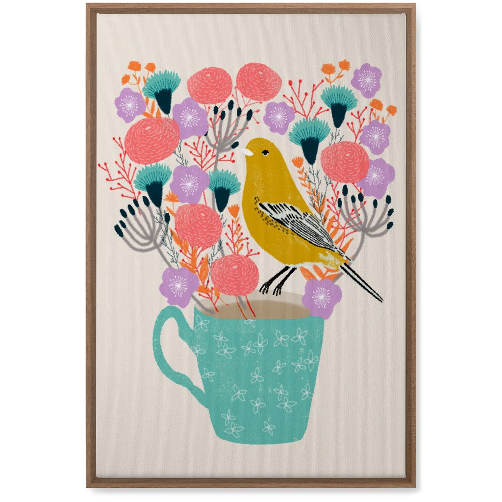 Yellow Bird on Teacup Bouquet Wall Art, Natural, Single piece, Canvas, 20x30, Multicolor