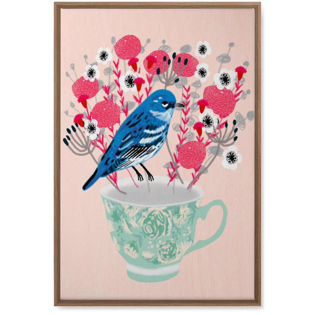 Blue Bird on Teacup Bouquet Wall Art, Natural, Single piece, Canvas, 20x30, Multicolor