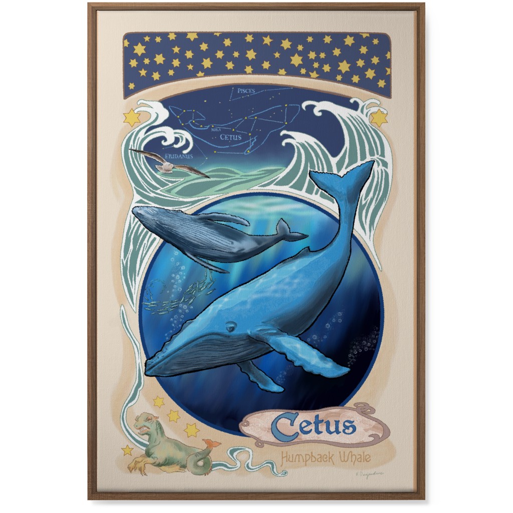 Art Nouveau Cetus the Humpback Whale Wall Art, Natural, Single piece, Canvas, 24x36, Blue, True Blue