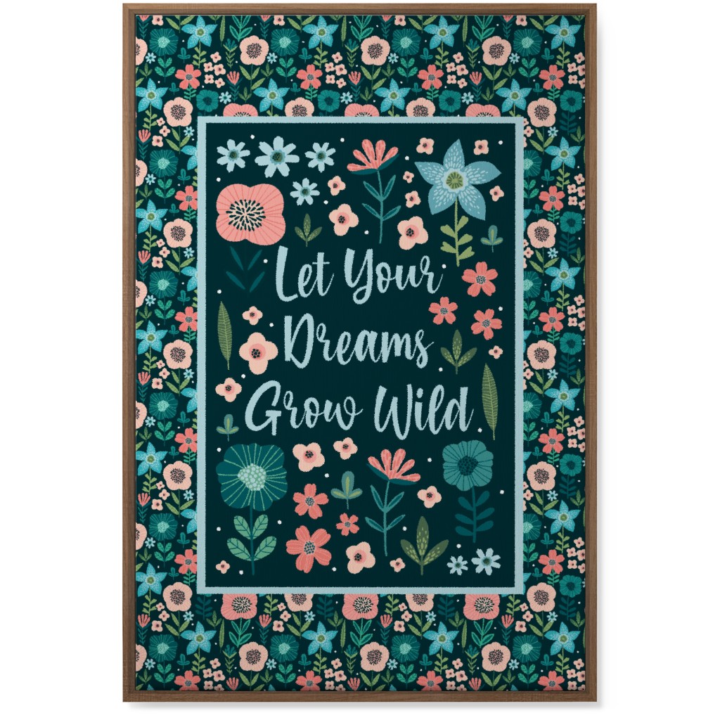 Let Your Dreams Grow Wild - Florals in Coral, Aqua & Turquoise on Navy Wall Art, Natural, Single piece, Canvas, 24x36, Blue