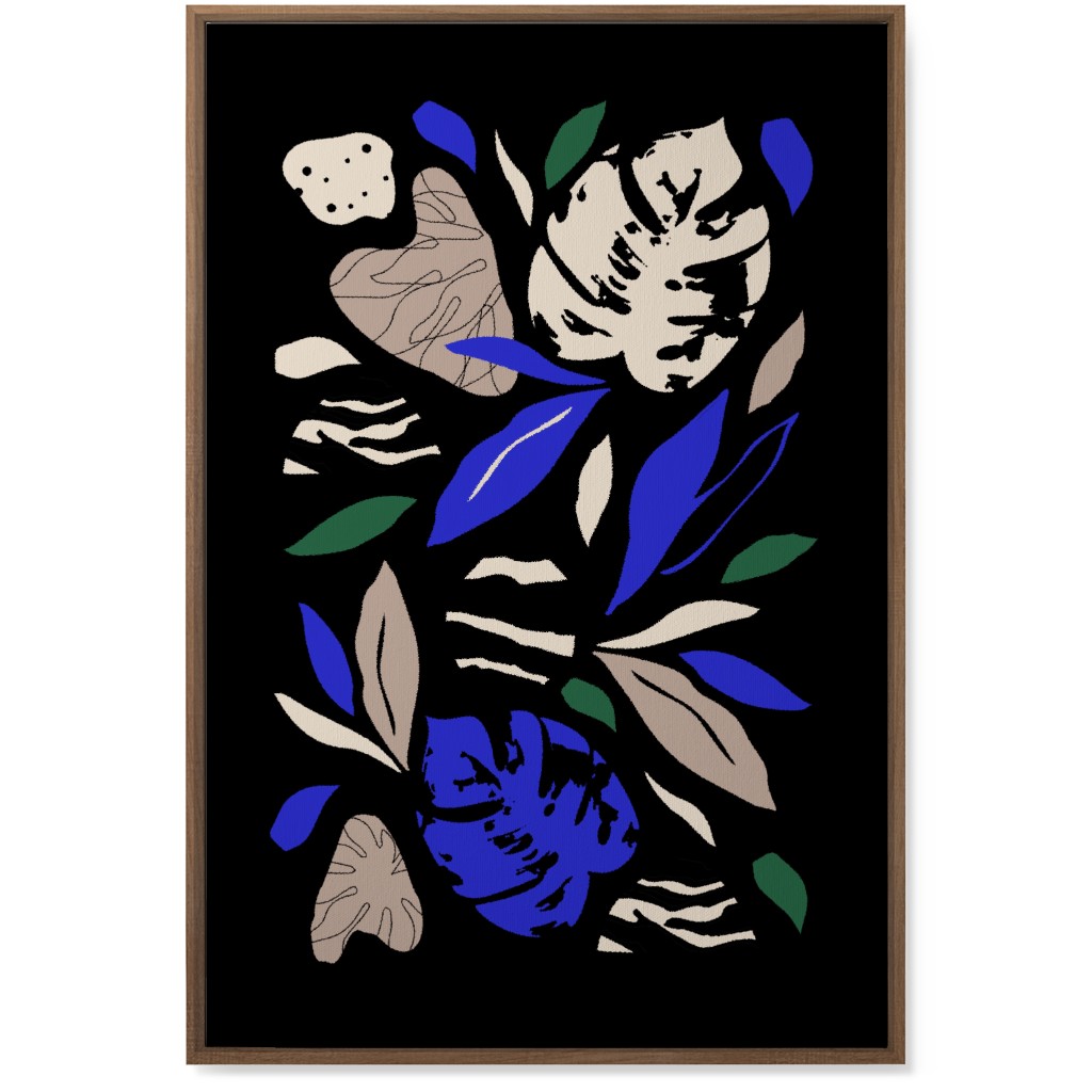 Abstract Leaves - Blue & Tan on Navy Wall Art, Natural, Single piece, Canvas, 24x36, Blue, True Blue