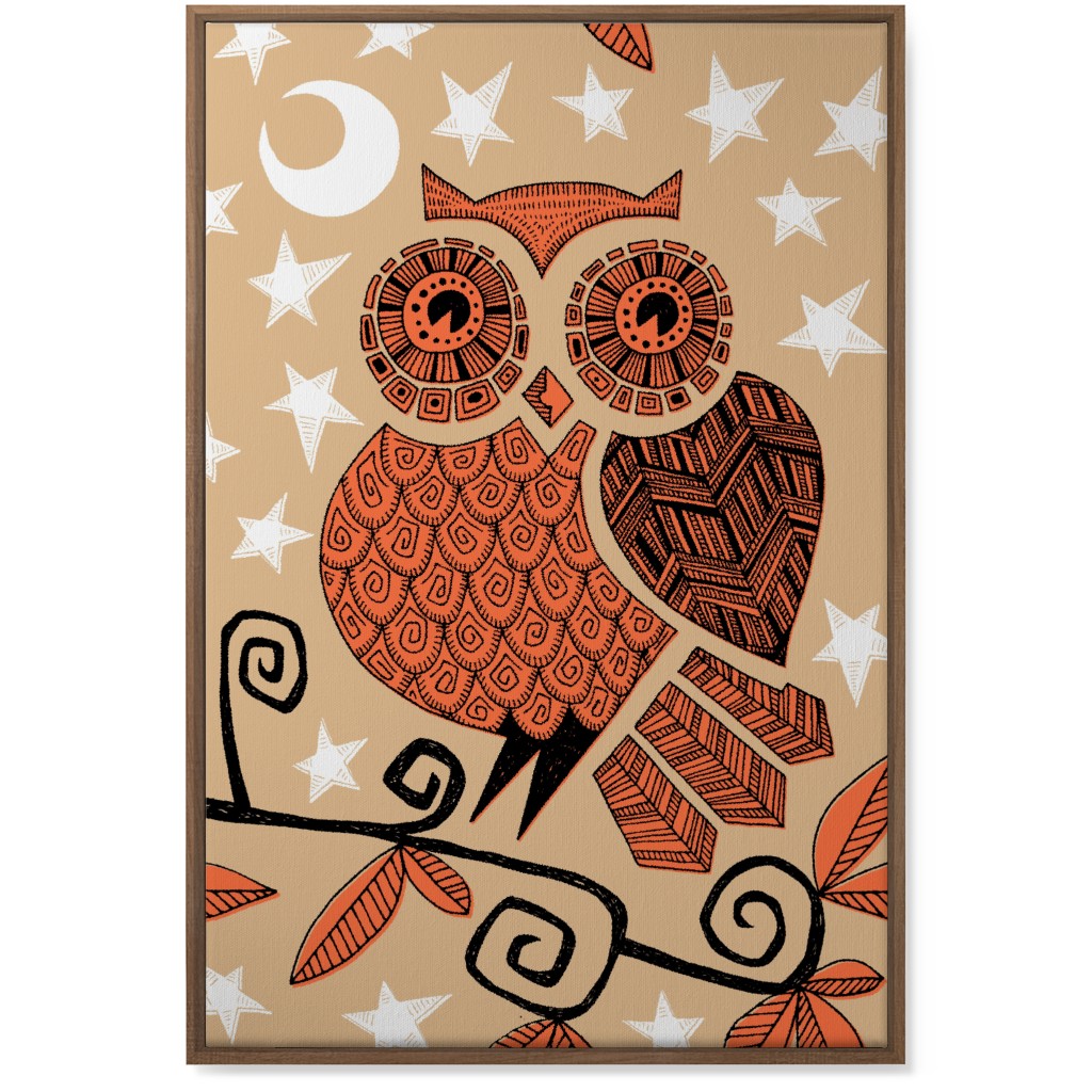 Owl Under the Moon - Orange & Brown Wall Art, Natural, Single piece, Canvas, 24x36, Orange, Orange