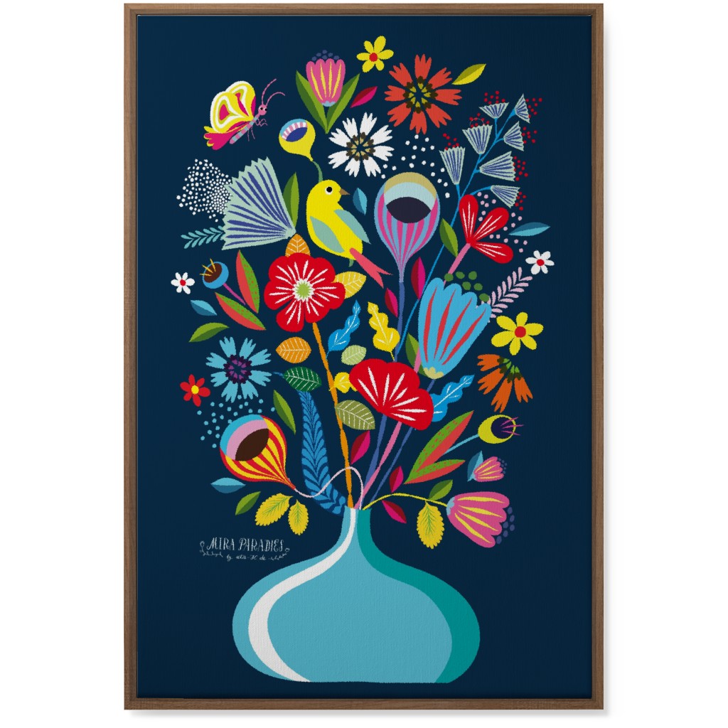 Folk Art Bouquet - Multi on Navy Wall Art, Natural, Single piece, Canvas, 24x36, Multicolor