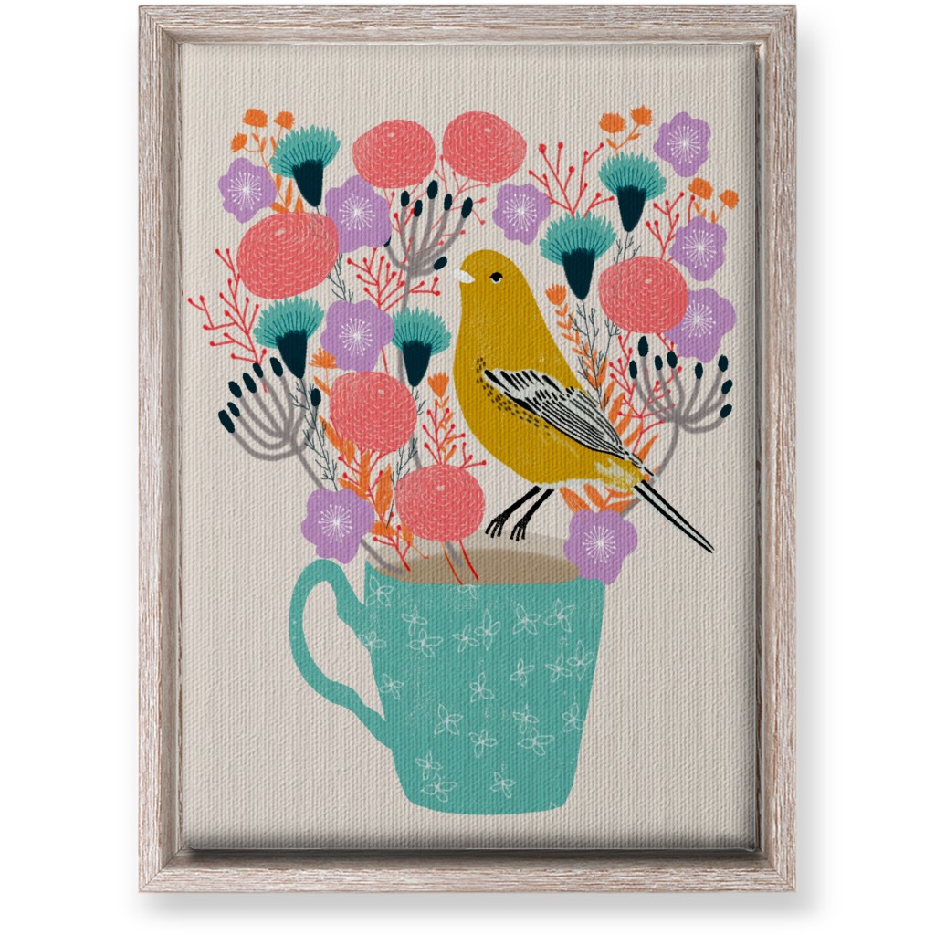 Yellow Bird on Teacup Bouquet Wall Art, Rustic, Single piece, Canvas, 10x14, Multicolor
