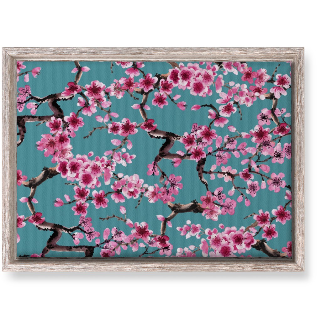 Sakura - Pink on Turquoise Wall Art, Rustic, Single piece, Canvas, 10x14, Blue