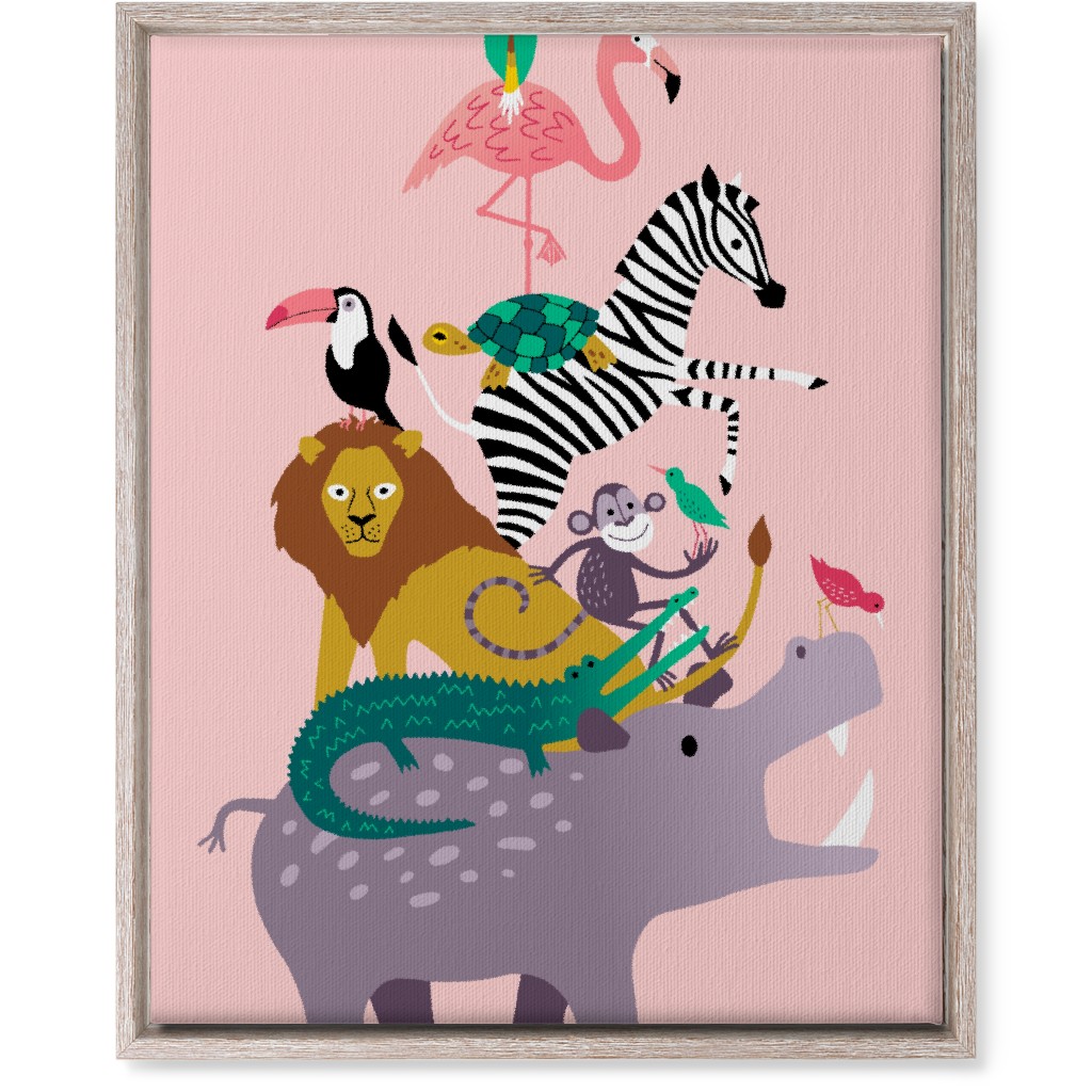 Wild Animal Tower - Pink Wall Art, Rustic, Single piece, Canvas, 16x20, Multicolor
