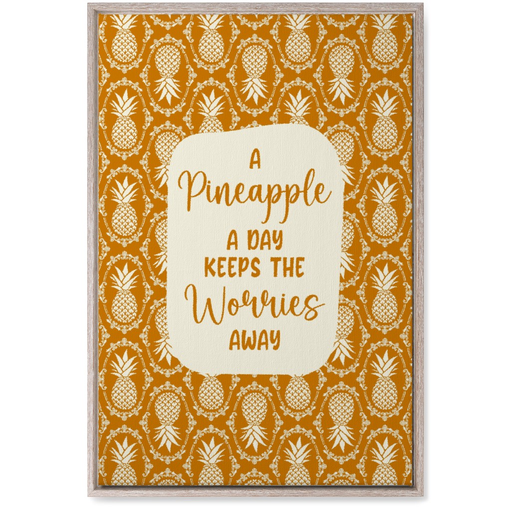 a Pineapple a Day Keeps the Worries Away Damask Wall Art, Rustic, Single piece, Canvas, 20x30, Orange