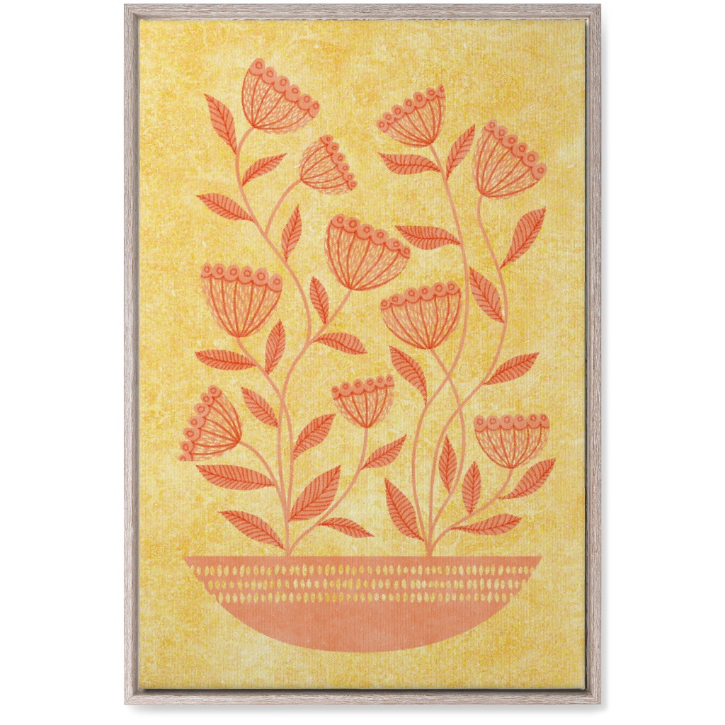 Mid Century Modern Orange Floral on Yellow Wall Art, Rustic, Single piece, Canvas, 20x30, Orange, Orange