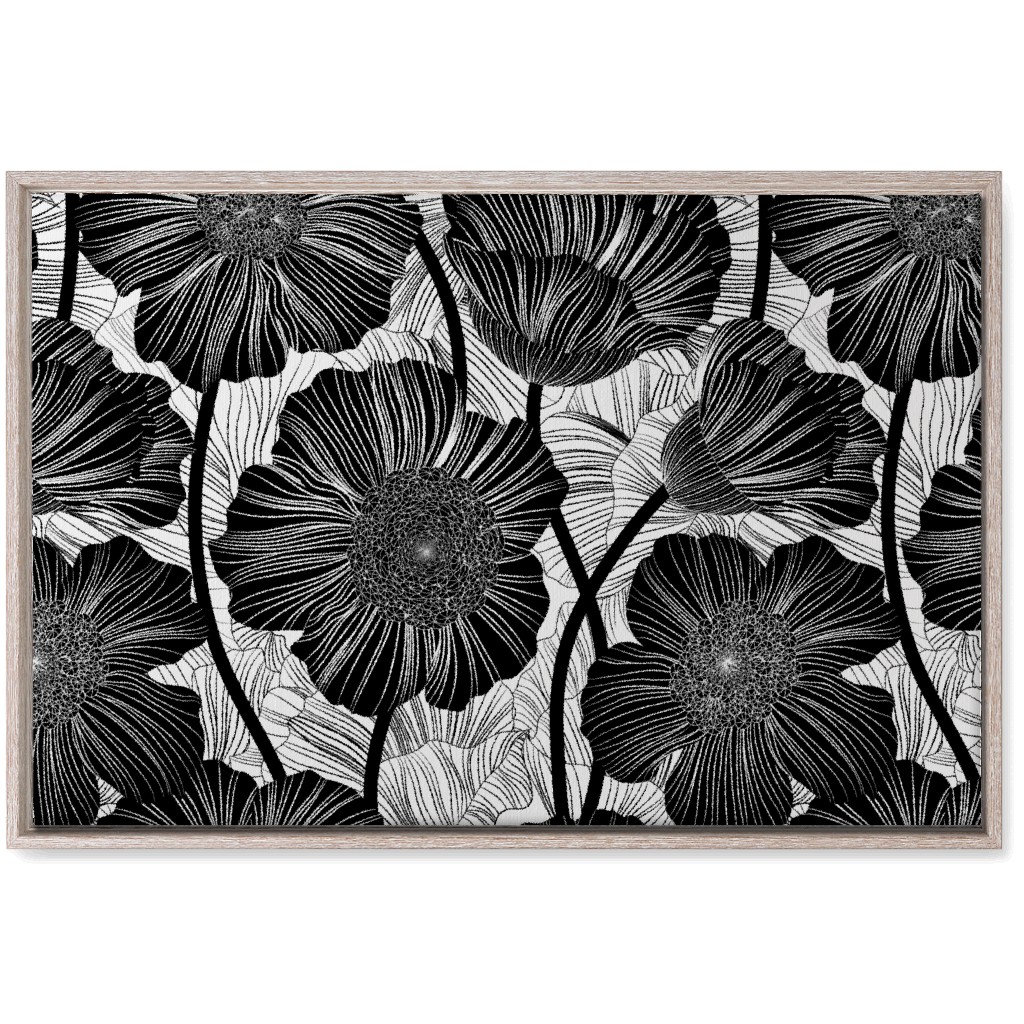 Mid Century Modern Floral - Black and White Wall Art, Rustic, Single piece, Canvas, 20x30, Black, Black