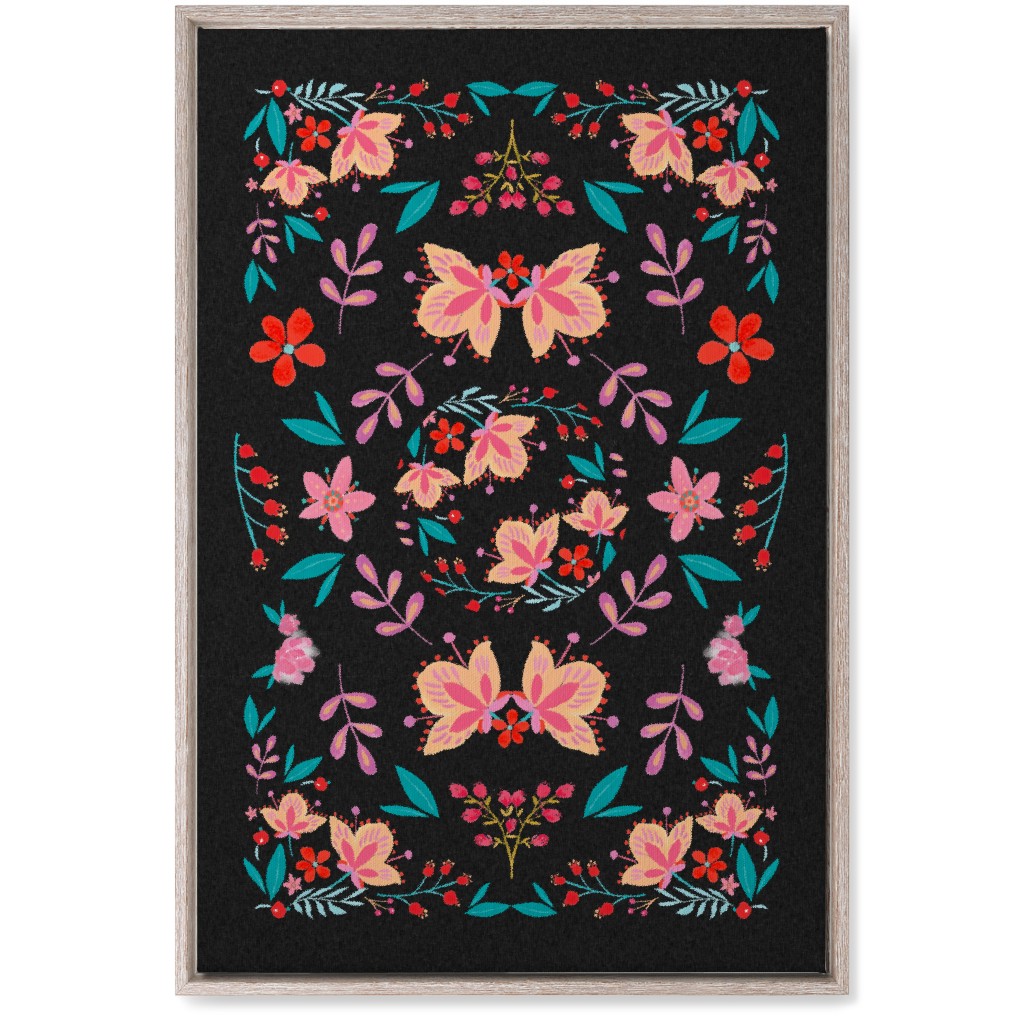 Pink Flora Folk Art on Black Wall Art, Rustic, Single piece, Canvas, 20x30, Multicolor