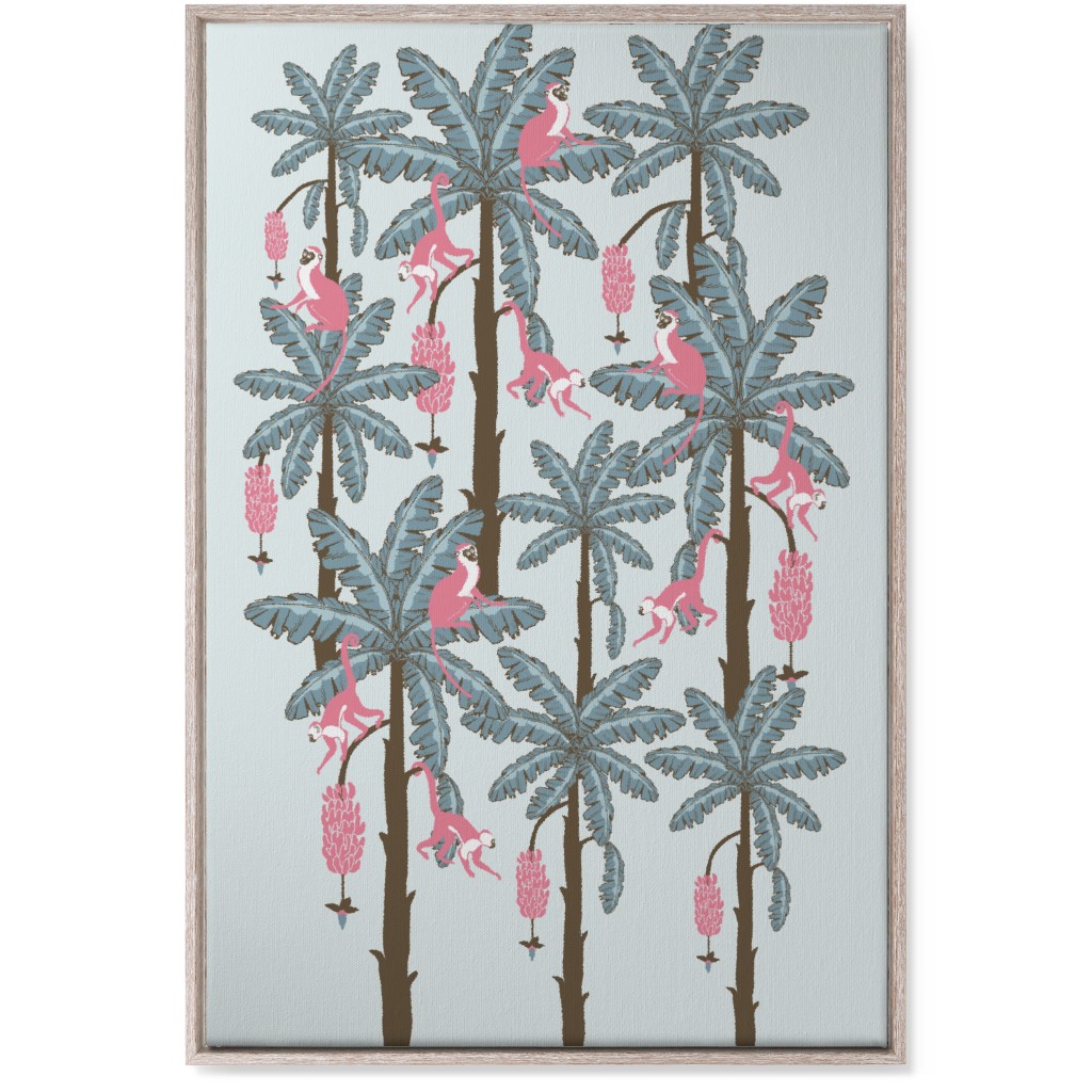 Monkey and Banana Trees - Blue and Pink Wall Art, Rustic, Single piece, Canvas, 24x36, Blue
