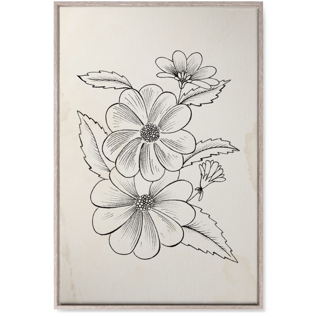 Vintage Flower Sketch - Beige and Black Wall Art, Rustic, Single piece, Canvas, 24x36, Beige, Pearl