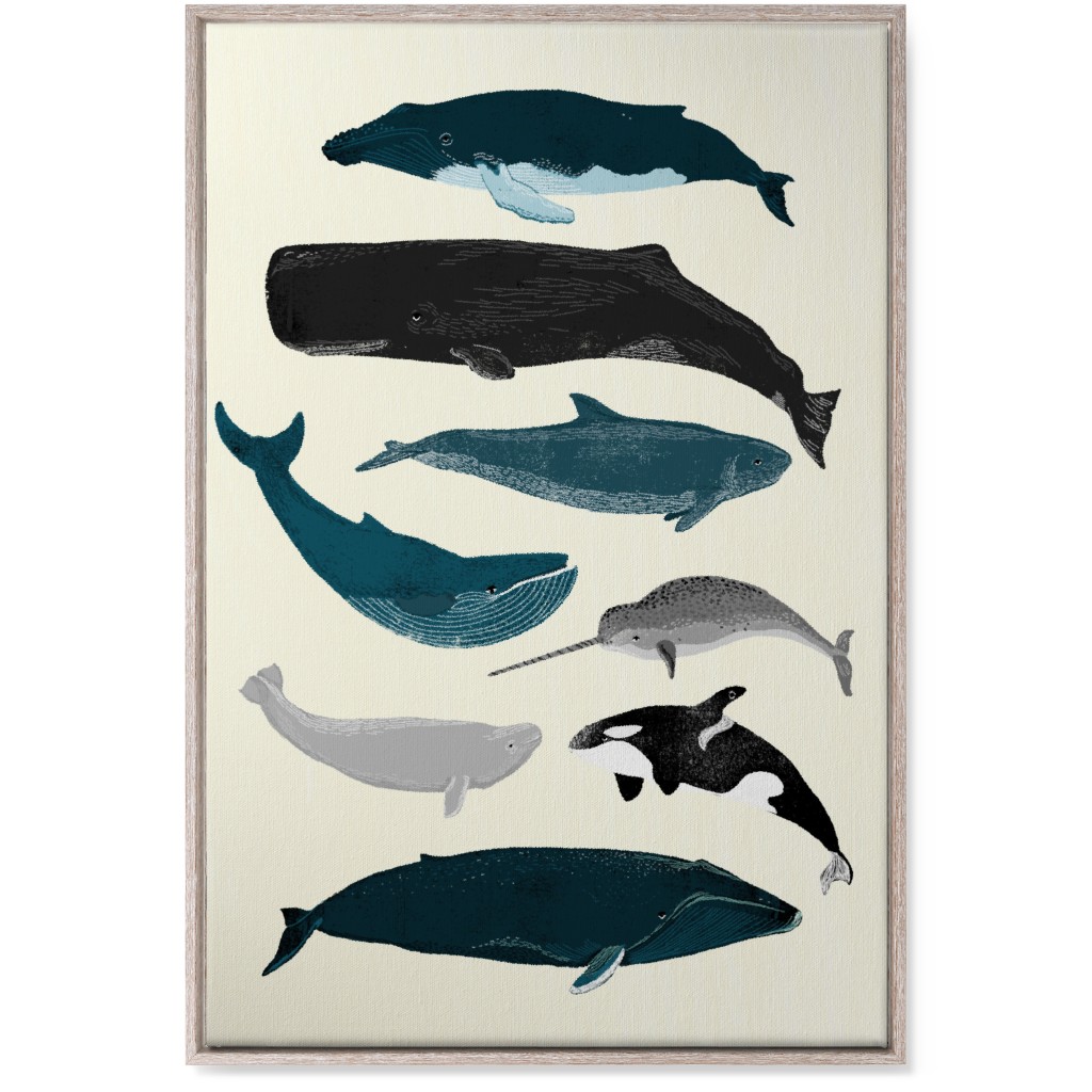Ocean Whales on White Wall Art, Rustic, Single piece, Canvas, 24x36, Blue